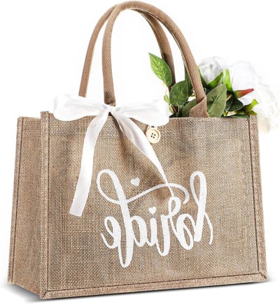 Jute Bruid Tote Bag met Witte Band - Perfecte Cadeau voor Vrijgezellenfeest en Team Bruid Accessoires, Geel