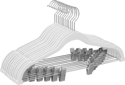 Kledinghangers, Broekhangers, fluweel, met brug en clips, pak hanger, dun, antislip, ruimtebesparend, 360 ° draaibare haak, voor kostuums, overhemden, jassen, mantels, 42,5 cm, wit CRF012W01