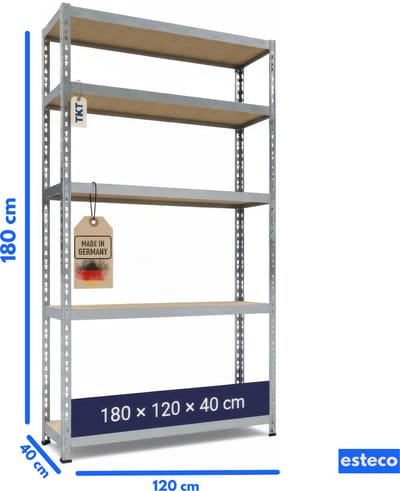 TKT Opbergrek XL – Stellingkast 180x120x40 cm – Made in Germany – 150 kg per plank – 750 kg draagkracht – 5 planken – Gegalvaniseerd staal – Monteren zonder schroeven – Garage & Berging