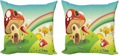 ABAKUHAUS Decoratieve kussenhoezen met natuurthema, 2 stuks, Boerderij, Veld, Reg Paddestoel, 50x50 cm, Groen Meerkleurig