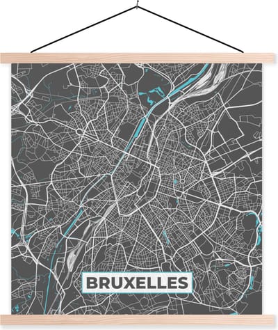 Posterhanger incl. Poster 40x40 cm - Schoolplaat - Stadskaart – Grijs - Kaart – Bruxelles – België – Plattegrond - Textielposter - Blanke latten - Stadskaart