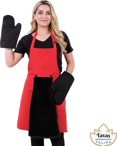 Tulipa rode Keukenschort Set van 3 met zwarte Handdoek en Ovenwanten Professioneel Verstelbaar Kookschort BBQ Schort Horecakwaliteit Schorten voor vrouwen One Size Fits All