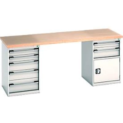 Bott Cubio werkbank, beuken multiplex blad, B 2000 x D 750 x H 940 mm, tot 1500 kg, 7 laden, lichtgrijs (RAL 7035)