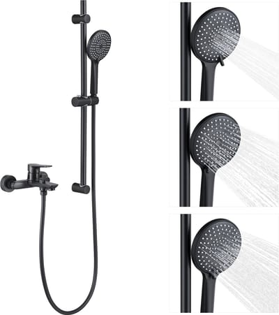 Auralum Max Badkraan met Doucheset - 2 Functies - Messing - Verstelbare Glijstang 70 cm - Handdouche 3 Standen - 150 cm RVS Doucheslang - Wandmontage Badkamer - Mat Zwart