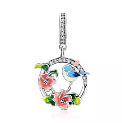 Romystones - Vogel en bloemen bedel voor bedelarmband - Zilver - Kerst Cadeau