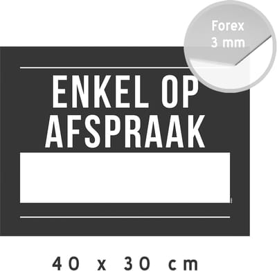 Mededeling/ bord | "Enkel op afspraak" | 40 x 30 cm | Reservatie | Retail | Uithangbord | Kunststof | 1 stuk