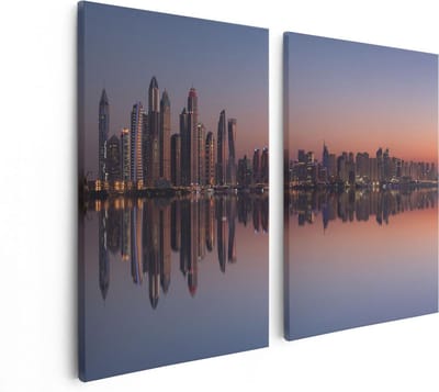 Artaza Canvas Schilderij Tweeluik Skyline Dubai Stad bij Zonsondergang - 80x60 - Foto Op Canvas - Canvas Print