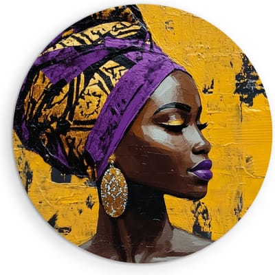Saammp - Muurcirkel Hout - Afrikaanse vrouw met paarse tulband - Abstract - Ø 90 - Wandcirkel - Wanddecoratie Cirkel - Muurdecoratie Woonkamer - Slaapkamer decoratie - Rond Schilderij