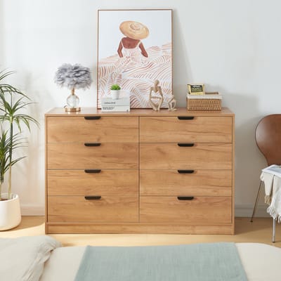 Commode Varkaus ladekast mdf met 8 lades 90x140x40 cm eikenkleurig [en.casa]