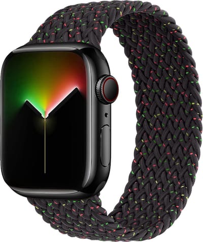 Stravo Gevlochten Nylon Bandje voor Apple Watch – Solo-stijl – Verstelbaar & Elastisch – Zwart/dots – Geschikt voor Apple Watch 49mm (Ultra 1/2/3), 46mm (Series 10/11), 45mm (Series 7/8/9), 44mm (Series 4/5/6, SE 1/2/3) – L