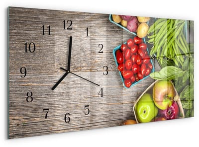 Tulup Wandklok - Groenten Gekleurde Glazen Klok - 60x30 cm - Groente Glazen Klok Met Print - Zwarte Handen - Rechthoekige Wandklok - Glazen Wandklok Design - Klok Glas Met Opdruk