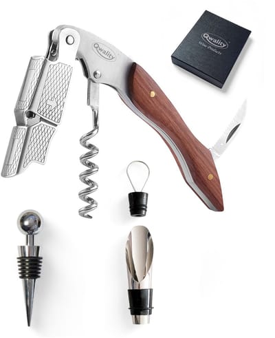 Luxe Wijnopener – Met Flessenstop en Schenktuit - Kurkentrekker - Kelnersmes – Wijn Opener - Flesopener - RVS met Houten Handvat – 2-staps hefboommechanisme – Cadeau voor hem haar - Qwality®