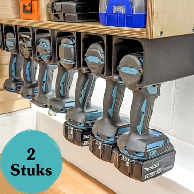 Universele Accuboormachine Houder – 2 Stuks – Wandhouder Geschikt voor Makita, DeWalt, Bosch, Milwaukee & Festool – Boormachine Ophangsysteem – Garage & Werkplaats Organizer – 3D Geprint Drill Holder