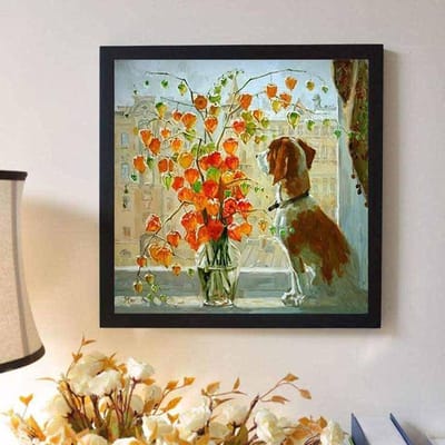 Diamant Schilderij Hond & Bloemen Kruissteek Borduurwerk Huis Decoratie Volledige Ronde Diamant Borduurwerk 30x30CM black