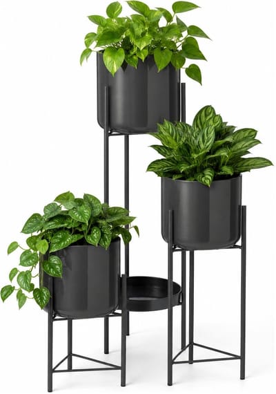 Home & Styling Plantenrek / plantenpotten verhoger - antraciet - metaal - 60 cm - 3 niveaus bloempotten - kamerplanten