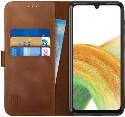 Rosso Deluxe Echt Leer Book Case Hoesje Geschikt voor Samsung Galaxy A33 | Ruimte voor drie pasjes | Portemonnee Book Case | Met Pasjeshouder | Bruin
