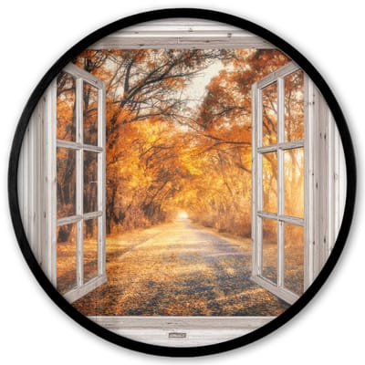 Poster in lijst Rond - Fotolijst 40x40 cm - Posters - Bos - Herfst - Bomen - Bospad - Natuur - Doorkijk - Ronde posterlijst zwart - Decoratie - Wanddecoratie woonkamer - Muurdecoratie slaapkamer