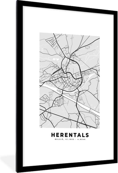 Fotolijst incl. Poster Zwart Wit- Zwart Wit – België – Plattegrond – Stadskaart – Kaart – Herentals - 60x90 cm - Posterlijst