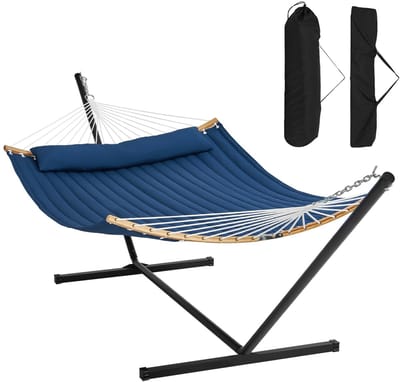 Aafinity Hangmat - Ligbed - Tweepersoons hangmat - Blauw met wit gestreept - met gebogen spreidstang en afneembaar kussen - draagbare tas