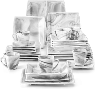 Luxe Serviesset – 30 delig – 6 persoons – Porselein - Bordenset – Dinner platen – Dessertborden - Kommen - Mokken - Schaaltjes - Grijs