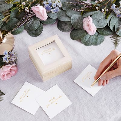 Partydeco - Gastenboek - Advieskaartjes in houten doosje