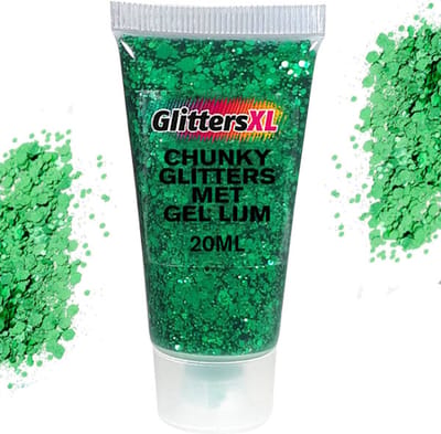 Chunky Glitters met Gel Lijm Tube (Groen) [Volume 20ML - Festival Jewels Glitter Outfit Lichaam en Gezicht - Make-up Diamond Dots Face Body - Diamantjes Strass Steentjes - Kinderen Volwassenen Dames Makeup Tattoo Mastix Schmink]