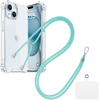 Shock Proof Case Hoes Geschikt voor iPhone 15 Plus Hoesje Transparant Met universele Telefoonkoord mint - Cover - Nek Hanger - Koord Hoes