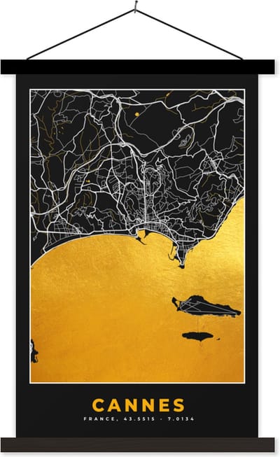Posterhanger incl. Poster 40x60 cm - Schoolplaat - Kaart – Plattegrond – Frankrijk – Cannes - Stadskaart - Textielposter - Zwarte latten - Stadskaart