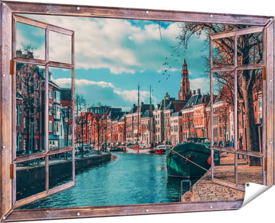 Gards Tuinposter Doorkijk Gracht in Groningen - 180x120 cm - Tuindoek - Tuindecoratie - Wanddecoratie buiten - Tuinschilderij