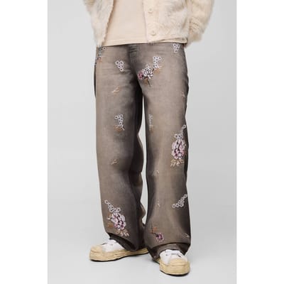 Baggy Rigid Floral Embroidered Jeans | Brown | Size 44R