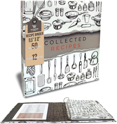 Thijox - Receptmap 3 Ring Binder Organizerset met 50 Paginabeschermers en 12 Categorie-Verdelers - Slank Keukenontwerp 11,5" x 12" voor Koken en Bakke