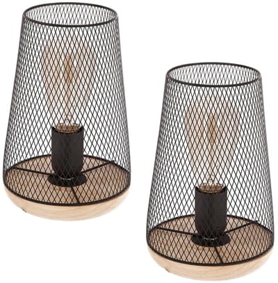 Atmosphera Tafellamp Soho - 2x - draad metaal/hout - zwart - H24 cm - Designlamp - met snoer