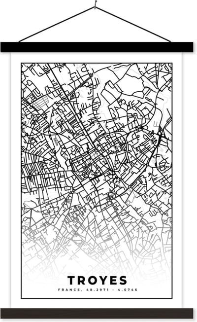 Posterhanger incl. Poster 40x60 cm - Schoolplaat - Stadskaart - Plattegrond - Troyes - Kaart - Frankrijk - Zwart wit - Textielposter - Zwarte latten - Stadskaart