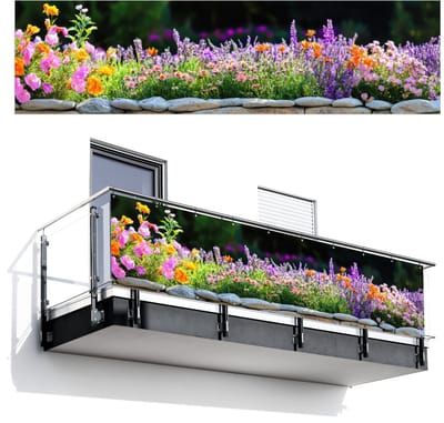 Balkonscherm 300x80 cm - Balkonposter Bloemen - Steenrand - Kleurrijk - Balkon scherm decoratie - Balkonschermen - Balkondoek zonnescherm
