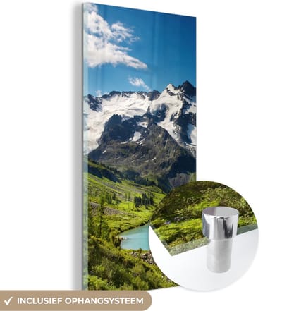 MuchoWow® Glasschilderij 20x40 cm - Schilderij acrylglas - Sneeuw - Berg - Water - Foto op glas - Schilderijen