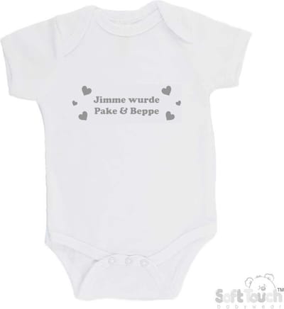 100% katoenen Romper "Jimme wurde Pake & Beppe" zwangerschapsaankondiging Fries Unisex Katoen Wit/grijs Maat 56/62
