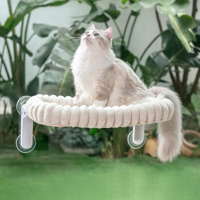 Famanu – Vensterbankverlenging voor katten, opvouwbaar kattenbed met pluche matras en zuignappen, geschikt voor twee katten, wit
