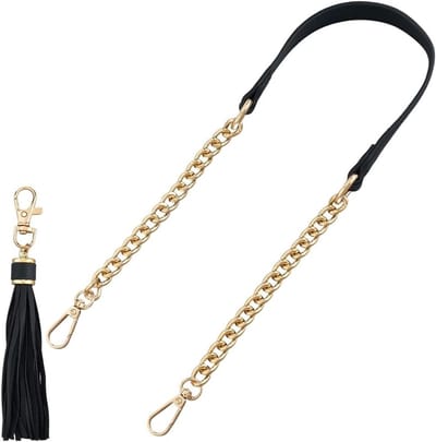 Elegante PU Leren Ring Ketting met Kwastje voor Schoudertas, Crossbody Tas en Handtas DIY Accessoires - 60 cm Microfiber Leren Vervangingsketting in Zwart en Goud