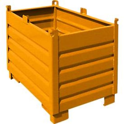 Bauer SBS 500 opvangbaksysteem, L 600 x B 1200 x H 850 mm, stapelbaar tot 3 hoog, gelakt, met transportwagen, geel-oranje RAL 2000