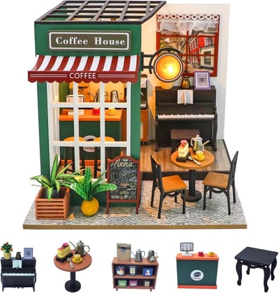Miniatuur Poppenhuis - Houten Knutselset - Ontspannend Hobby - Inclusief Meubels - 22 x 19.5 cm - Groen
