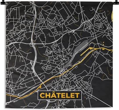 Wandkleed - Wanddoek - Stadskaart - Plattegrond - Goud - Châtelet - Kaart - 180x180 cm - Wandtapijt