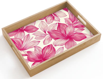 Dienblad hout 40x30 cm - Schootdienblad - Bloemen - Patroon - Roze - Wit - Borrelplank rechthoek - Plateau dienbladen