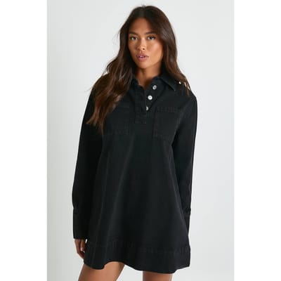 boohoo Dames Denimjurk met lange mouwen | Washed Black | Maat: 8