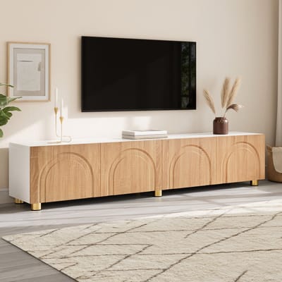 FloraGrace Tv Meubel - Boogreli毛f Met 4 Deuren En Veel Opbergruimte - Voor Woonkamer - MDF En Spaanplaat - 180x35x40 Cm - Naturel Wit