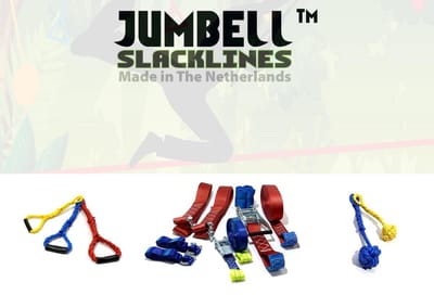 JUMBELL  basic slackline / balanceerlijn met 5 leuke uitdagende obstakels . de lijn is 9 meter. Door nieuwe techniek blijft de slackline altijd vlak!