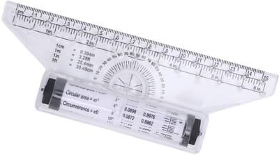 Dailygoods- Rolliniaal 15 Cm - Meetinstrument met Gradenboog - Precisie Meetgereedschap - Cirkelontwerp voor Cirkels/Ovalen - Duidelijke Schalen en Formules - Tekenliniaal