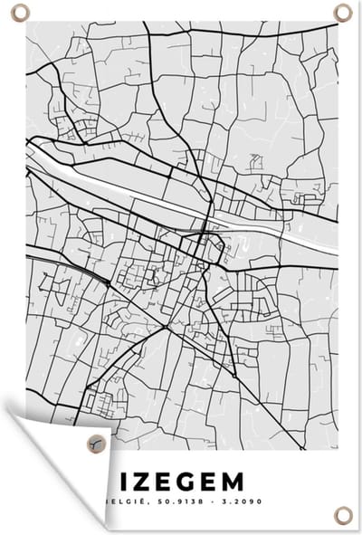 Muurdecoratie Stadskaart – Zwart Wit - Kaart – Izegem – België – Plattegrond - 120x180 cm - Tuinposter - Tuindoek