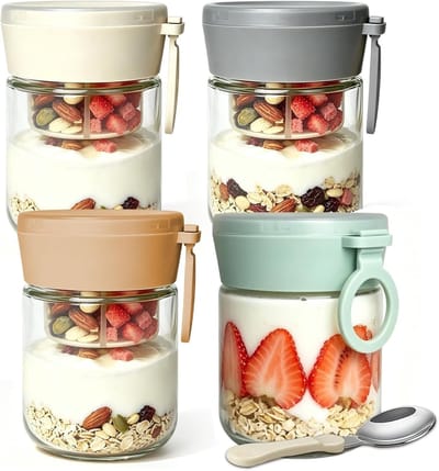 Set van 4 Stuks Glazen Shaker Containers met Deksel voor Yogurt, Fruit en Noten - Dubbel Laags voor Droge en Nat Scheiding, Ideaal voor Ontbijt en Snacks