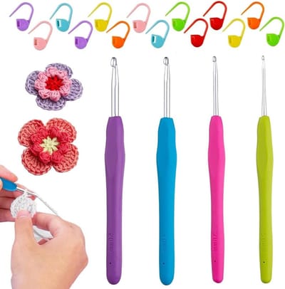 Ergonomische Haaknaalden Set van 4 Stuks met Kleurrijke Siliconen Handgrepen voor Beginners, 14 cm Extra Lang, Inclusief 10 Positioneringshaakjes, Maten 2.5/3.5/4.5/5.5 mm