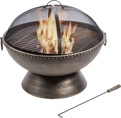 Ronde Metalen Vuurkorf Buiten met BBQ Grill, Pook en Deksel